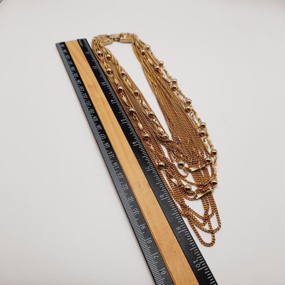 Japan Vintage 14-Strand Gold Tone Layered Necklace 15 Inch Retro - Picture 9 of 11